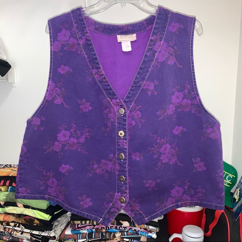 Vintage 80s Stampede Western Denim Corduroy Jean Purple Floral Vest XL